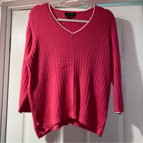 Lauren Ralph Lauren Pink Cotton V-Neck Cable Knit‎ Sweater Top XL - Picture 1 of 6